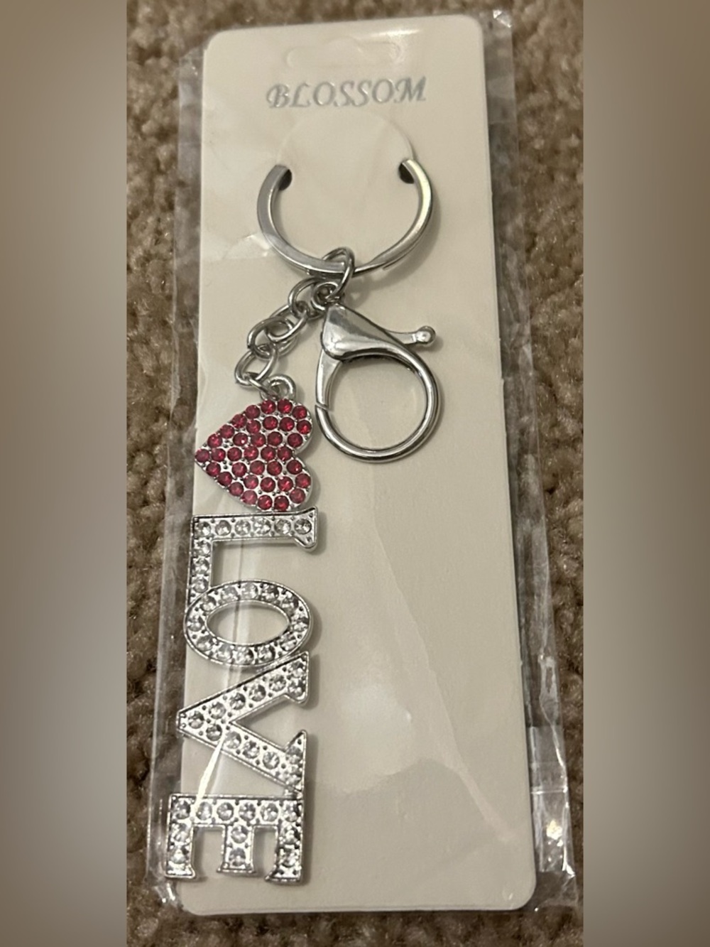 Silver 'Love' Crystal Keychain with Pink Heart Charm